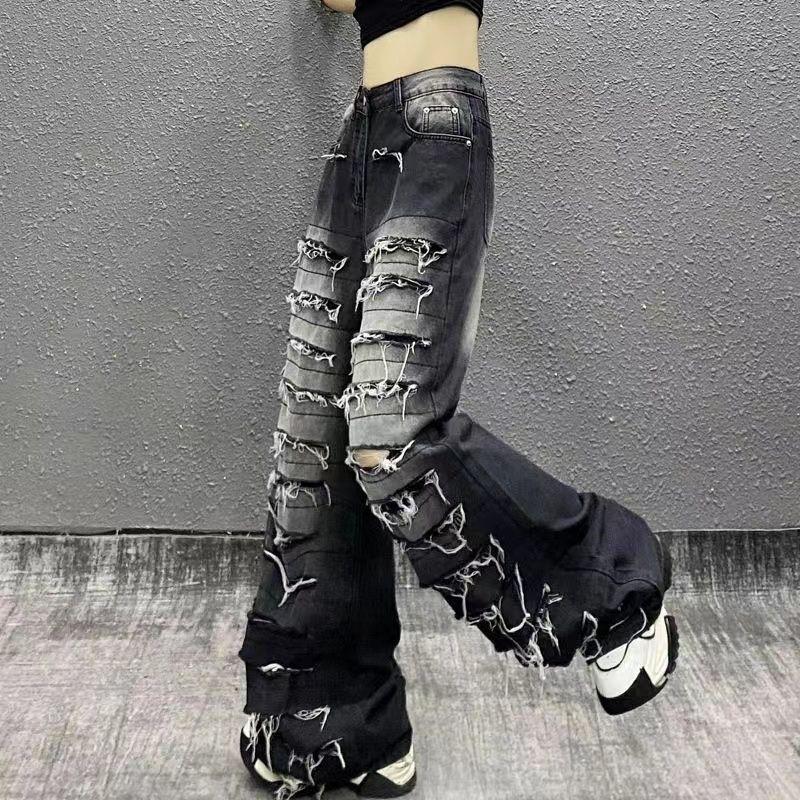 Plus Size Womens Distressed Jeans High Waist Loose Wide Leg Streetwear Denim Pants