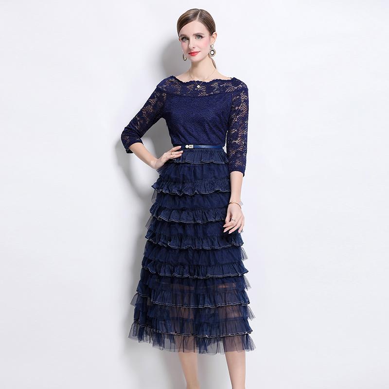 Solid Patchwork Embroidery Cascarding Ruffles Long Dress for Women Slash Neck Lace Hollow Out Office Work Dress Female Clothing