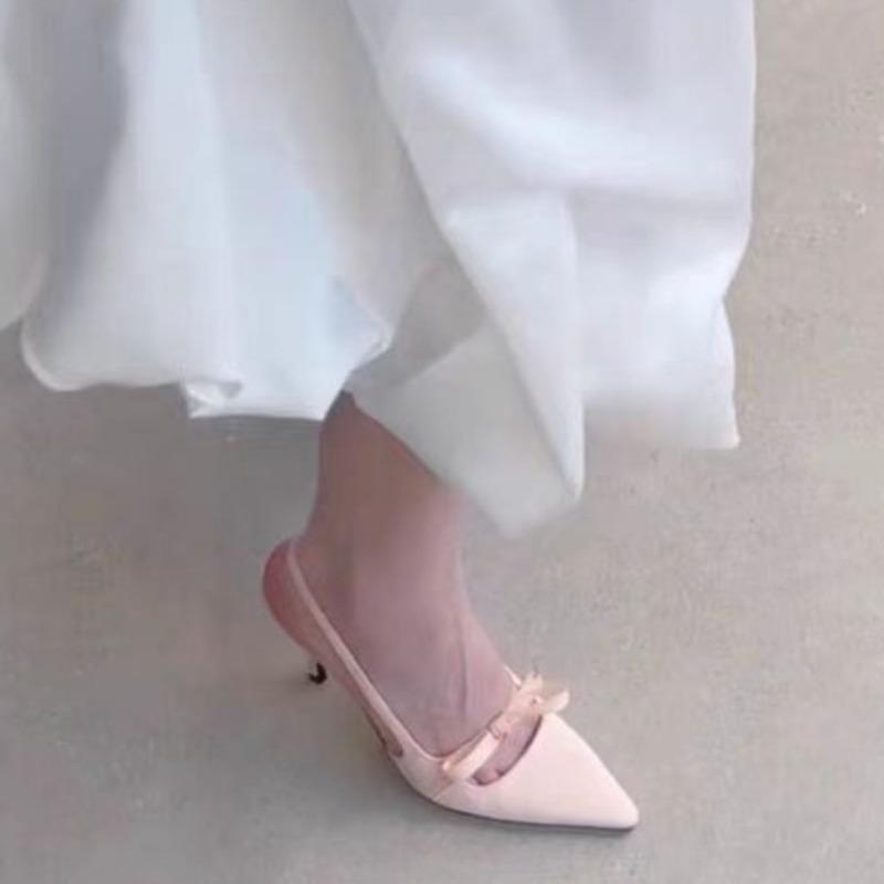 Fashion Women's Fashion Baotou High Heels Spring New Pointed Head Shallow Bow A Slip-on Wear Resistance Temperament Fine Heel Sandals