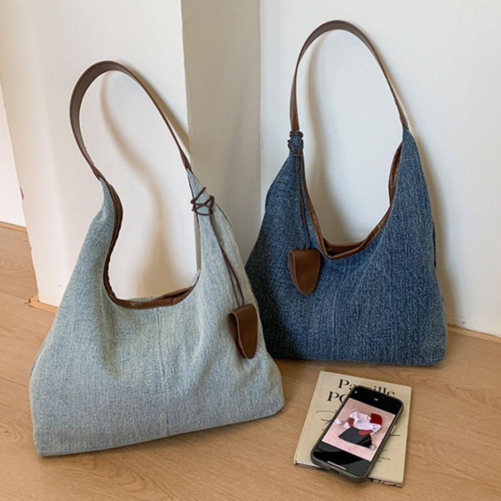 Harajuku Denim Tote Bag Korean Style Commuting Underarm Bag Leisure Canvas Shoulder Bag  Lady