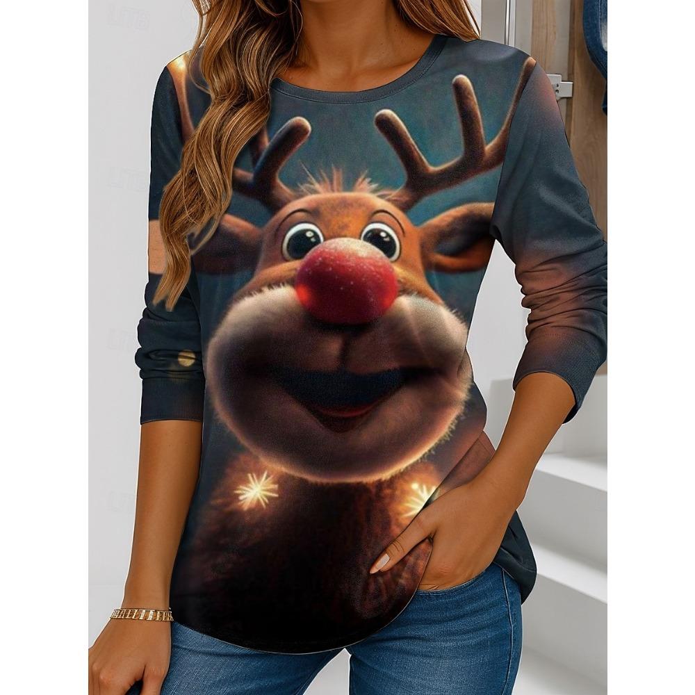 Women's Santa Claus Printed Christmas Theme Crew Neck Long Sleeve T-shirt Casual Comfortable Polyester Christmas Party Pullover