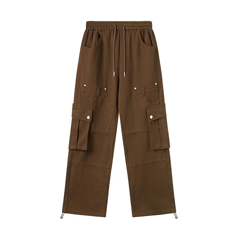 Trendy brand Retro beauty trendy multi-pocket tooling casual pants men s new straight BF style wide-leg trousers S темно-коричневого