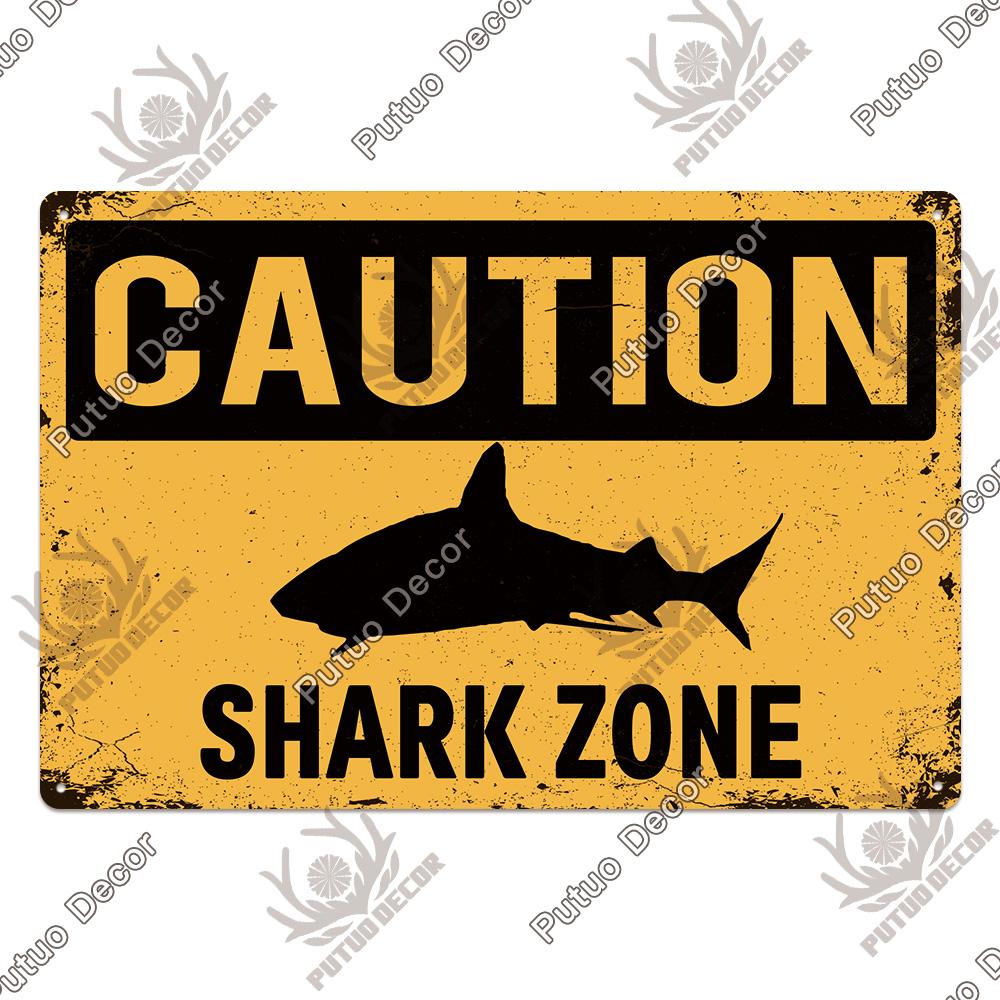 Putuo Decor Shark Sign Metal Signs Vintage Tin Sign Funny Warning Movie Poster for Bar Pub Kitchen Club Man Cave Wall Decoration