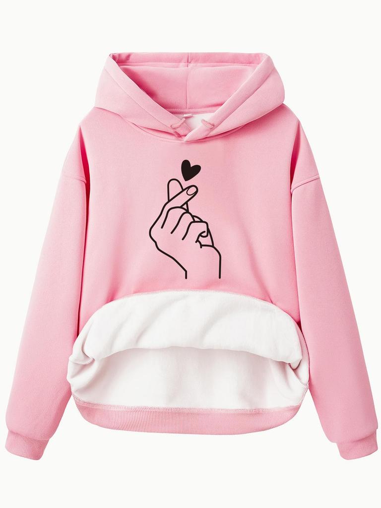 European & American Women's Heart Print Fleece Lined Hooded Sweatshirt with Kangaroo Pocket - Autumn/Winter Long Sleeve Top