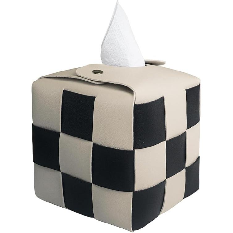 Tissue Box Cover, Square PU Leather Tissue Box Holder with Metal Buckle, Checkered Tissue Box, Decorative Organizer for Bedroom, Vanity Desk, square