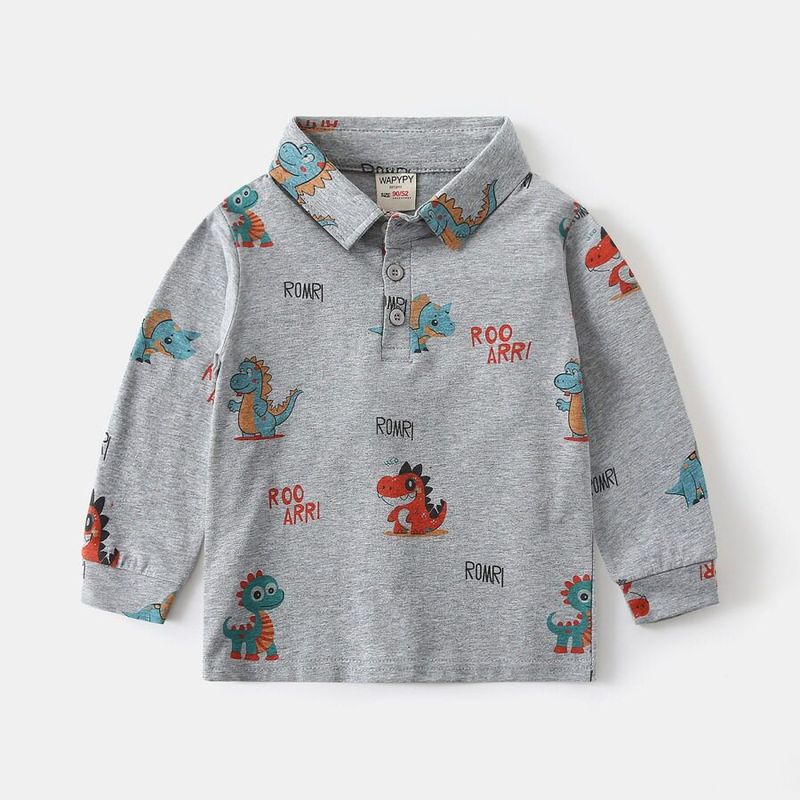 Boys' Long-Sleeved T-Shirt, Spring and Autum Kidsren's Clothing, Kidsren's All-Over Printed Dinosaur Polo Shirt, Baby Lapel Cartoon Top