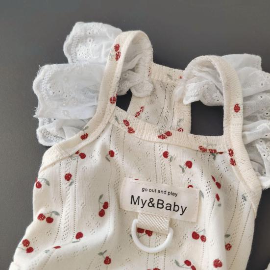 Cherry Print Dog T-Shirt with D-Ring Lace Ruffle Cap Sleeve Girl Puppy Clothes Breathable Summer Pet Vest for Small Medium Dogs Cats