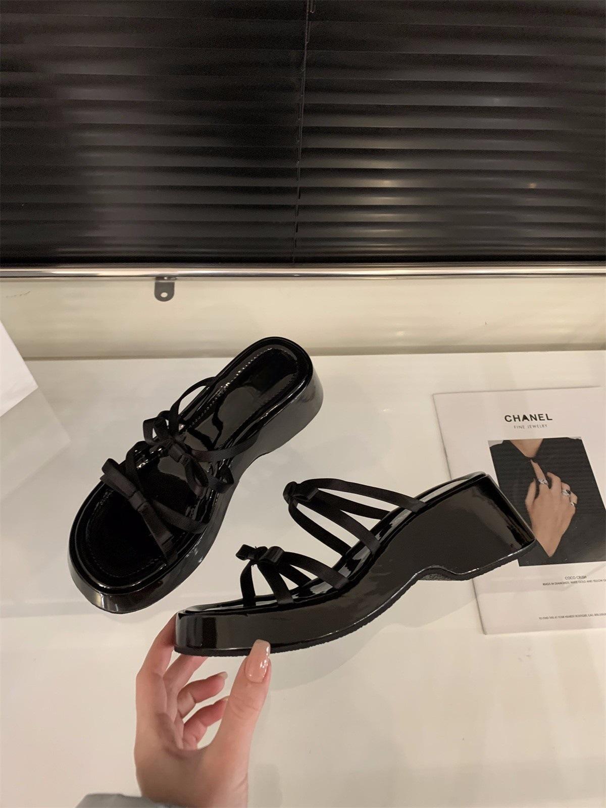 

Wedge heel high heel bow cool slippers fairy shoes thick sole heightening white sandals 35 чёрный