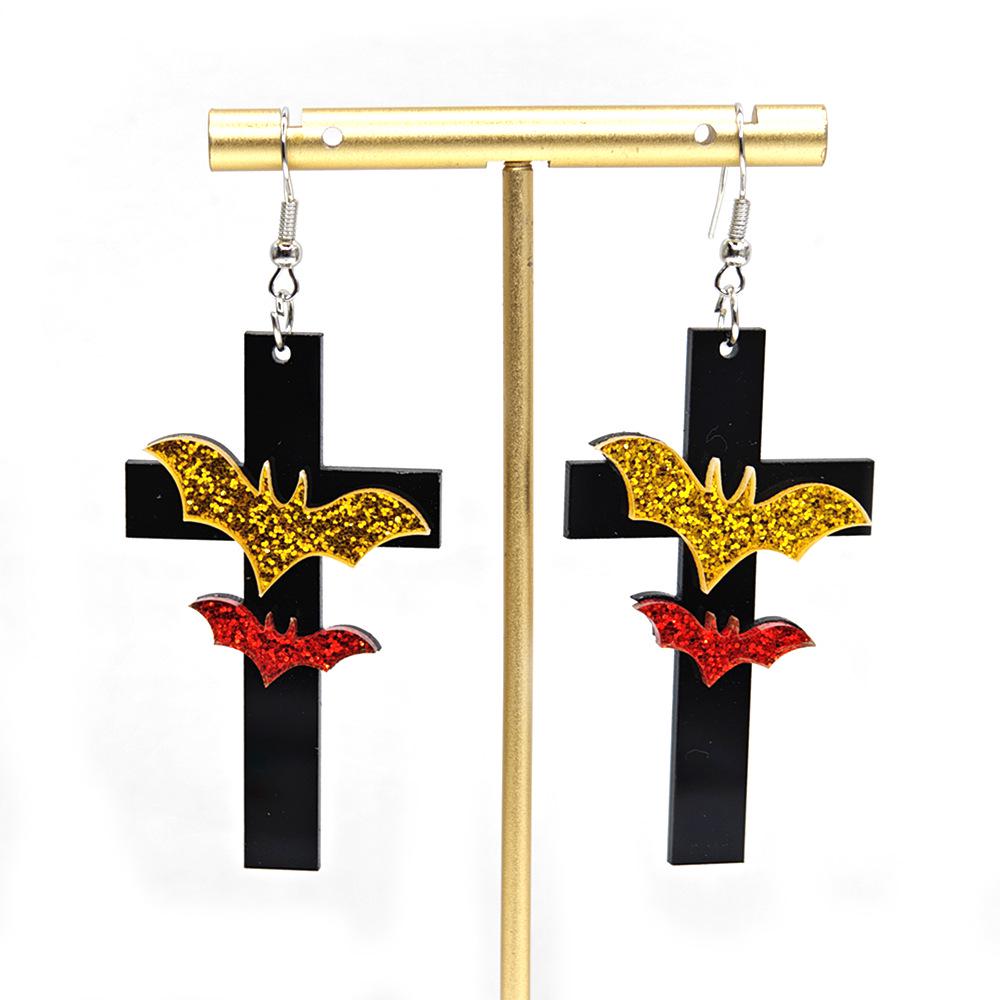 

Elegant Halloween Glitter Bat Cross Earrings - Black Acrylic Geometric Long Dangle Jewelry for Women чёрный