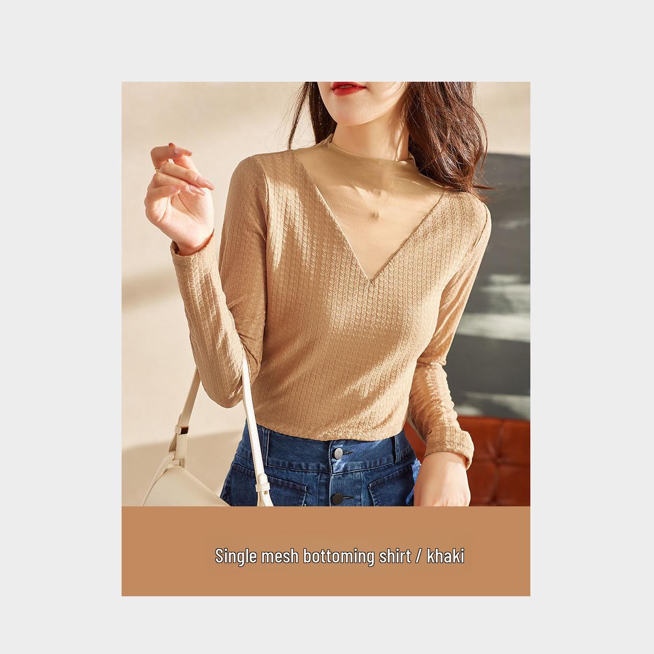 

2025 Women s Autumn Long-Sleeve Lace Mesh Top with Half-High Collar S