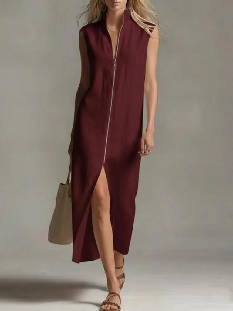 2026 Sleeveless Zipper Stand Collar Slit Casual Summer Dress - European & American Women's Fashion