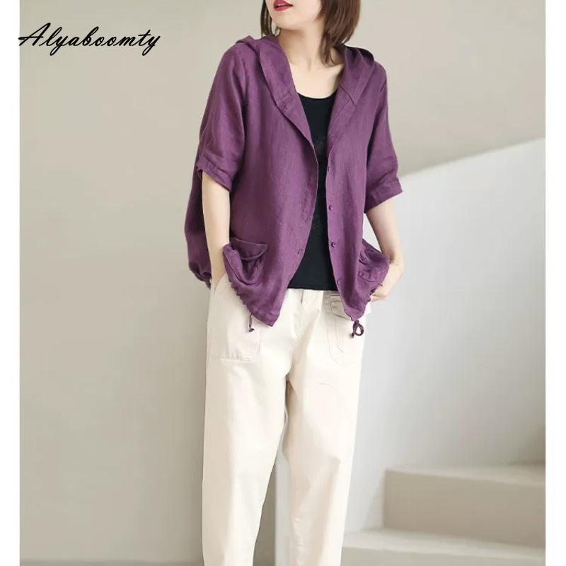 Korean Fashion Summer Women Oversized Cardigan Hooded Coffee Purple Cotton Linen Casual Loose Blouse Plus Size Vintage Ladies Thin Coat