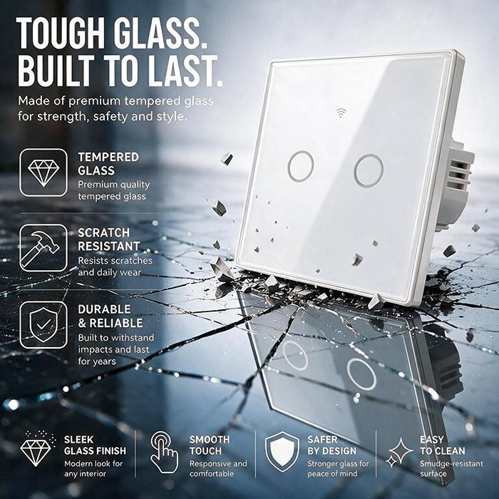 Qoltec Smart Touch 4-Channel Light Switch | Wi-Fi | Timer | Tuya | Smart Life | Tempered Glass | Black