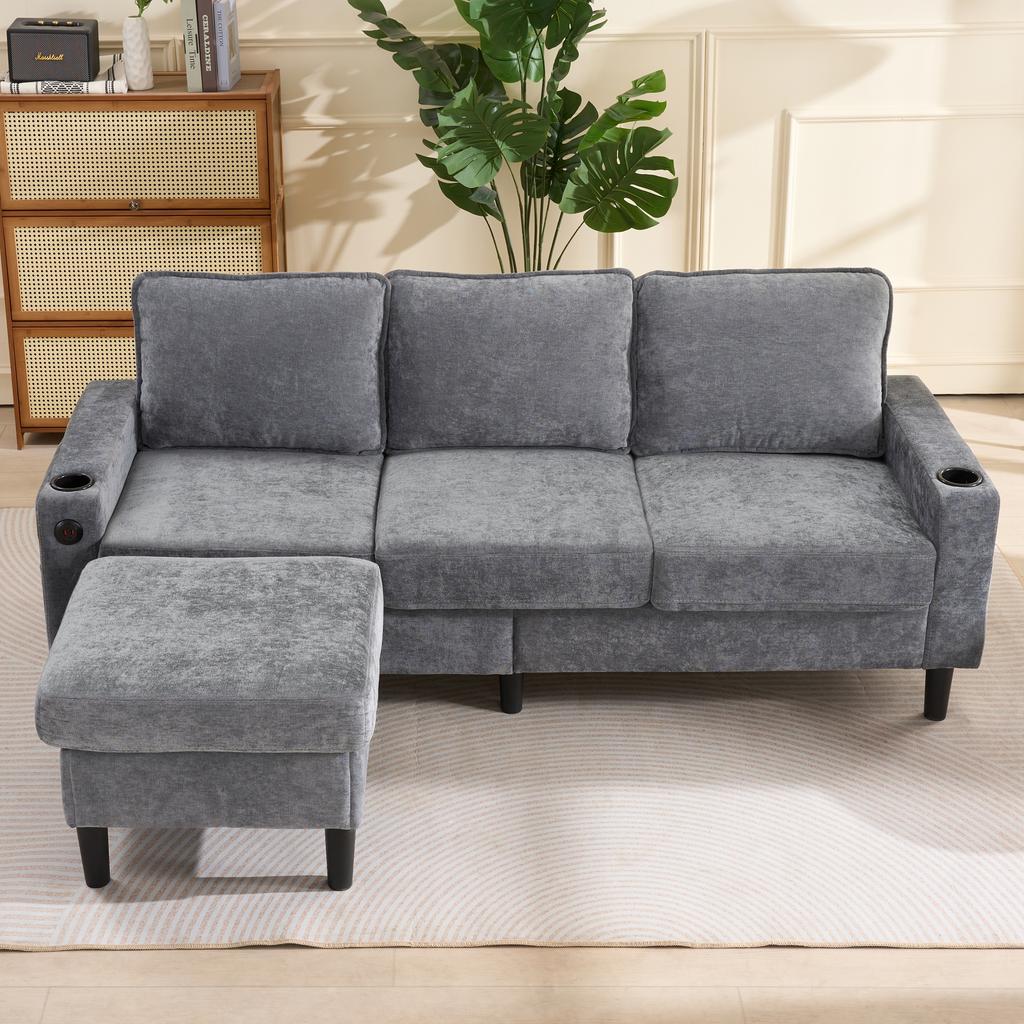 Upholstered sofa with USB and Type-C ports, 3-seater with two cup holders for living room, lounge and bedroom – L-shaped sofa bed, Grey, Linen