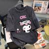 Women's Retro Washed Black Cotton T-Shirt - Distressed Letter Print, Short Sleeve, Loose Fit, Casual Summer Top