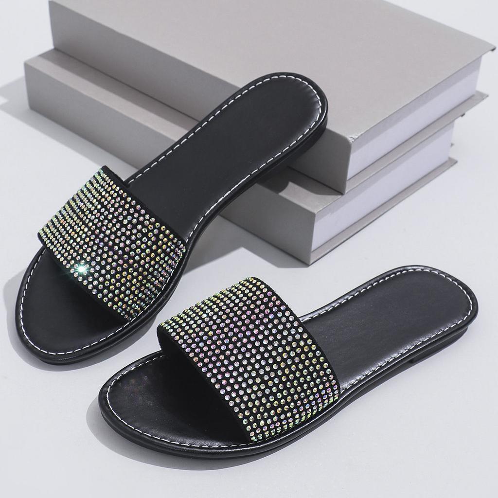 Fashion Summer women's sandals and slippers 2025 new crystal sparkling flat shoes soft soled women's flip flops beach shoes house