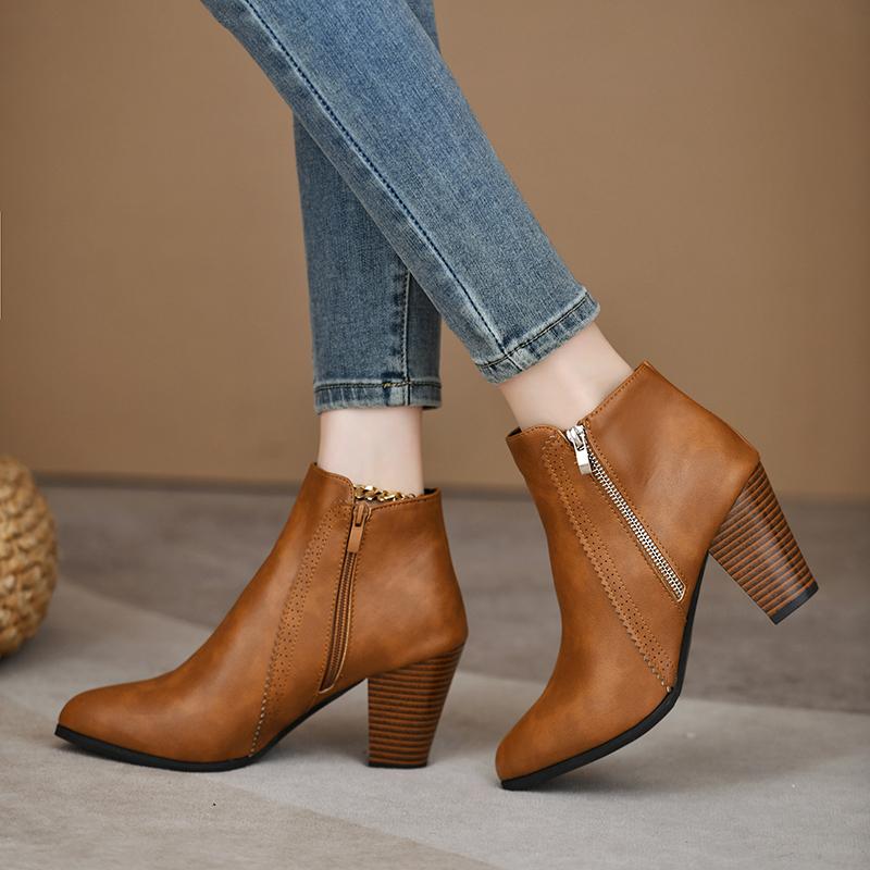 Fashion Women's Boots Fashion Leather Boots Spring/Autumn Comfortable Breathable High Heels Short Boots Side Zipper Women's Shoes 2025