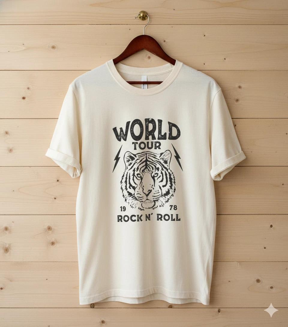 World Tour Rock N Roll Tiger Graphic T-Shirt Vintage Style Tee - T209 M