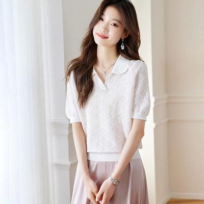 Srcr Women's Jacquard Polo Knit Top with Mulberry Silk