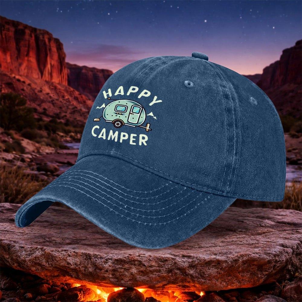 1pc Happy Camper Retro Style Unisex Washable Baseball Cap Casual Trendy Black Outdoor Hat For Camping Hiking Travel Sports