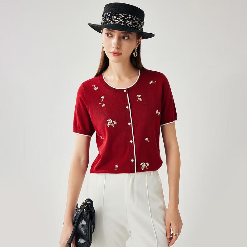 Zhaojun Women's Spring/Summer Embroidered Knit Short Sleeve Cardigan