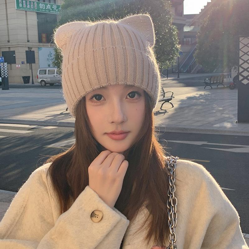 Cat Ear Wool Hat Women's Autumn and Winter New Warm Cute Knitted Hat Casual Hat Soft Warm Pullover for Big Heads, Cute Gift Hat for Cold Weather