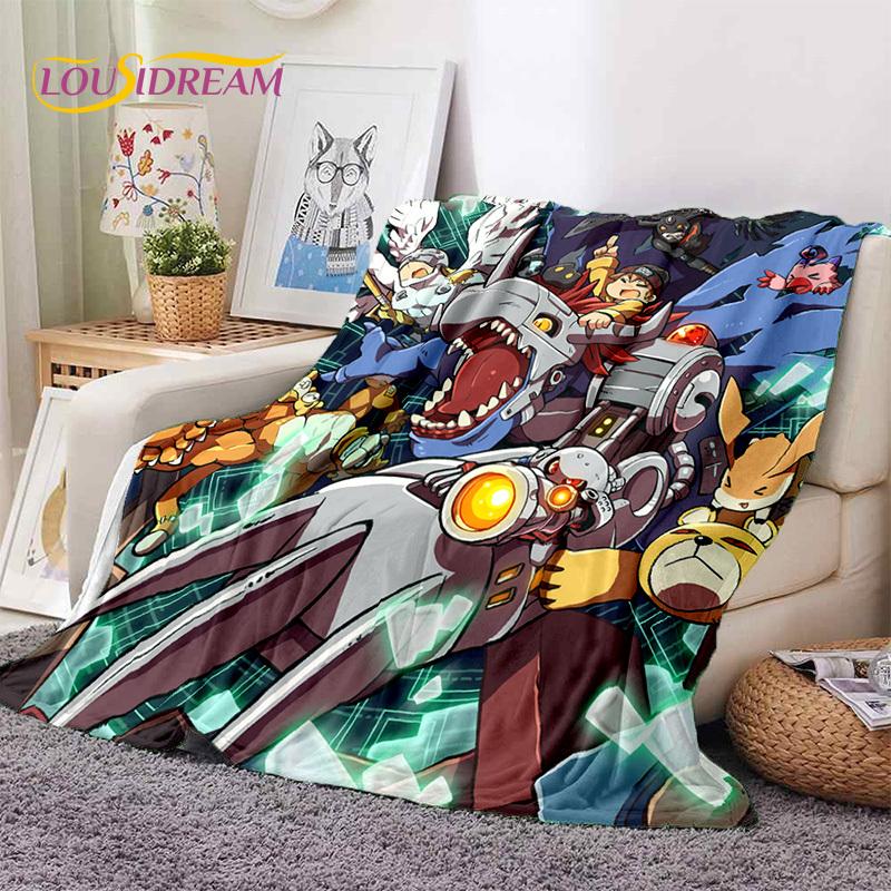 Retro Digimon Adventure Potwór Kreskówka Miękki Koc Flanelowy, Koc do Rzucania Wygodny Koc na Piknik Łóżka Kanapę Domowy Sypialnia