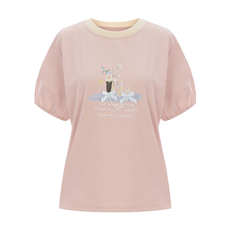 SELLY'S Pearl Embellished Puff Short Sleeve Tee_I6B-Cts020