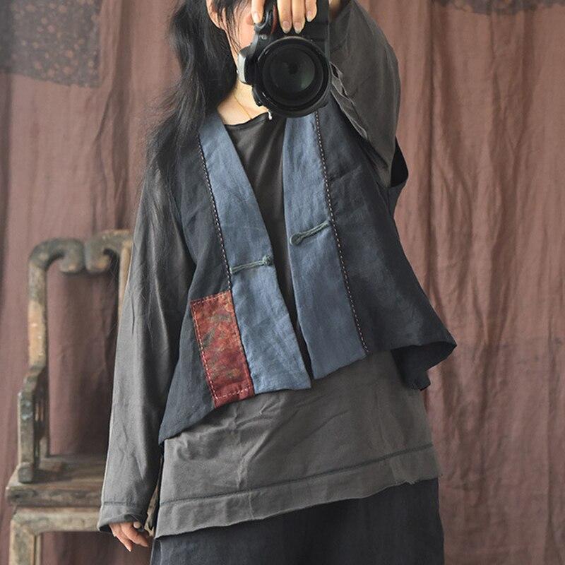 Johnature Women Vintage Vests Patchwork Linen Coats Autumn Button V-Neck Chinese Style Women Original Vests Coats