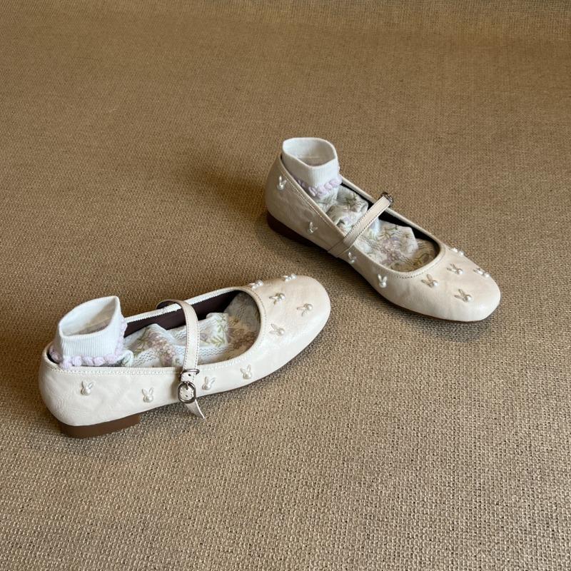Sheepskin version~ Round head Mary Jane shoes with one-word buckle strap versatile shallow mouth flat sole shoes grandma shoes