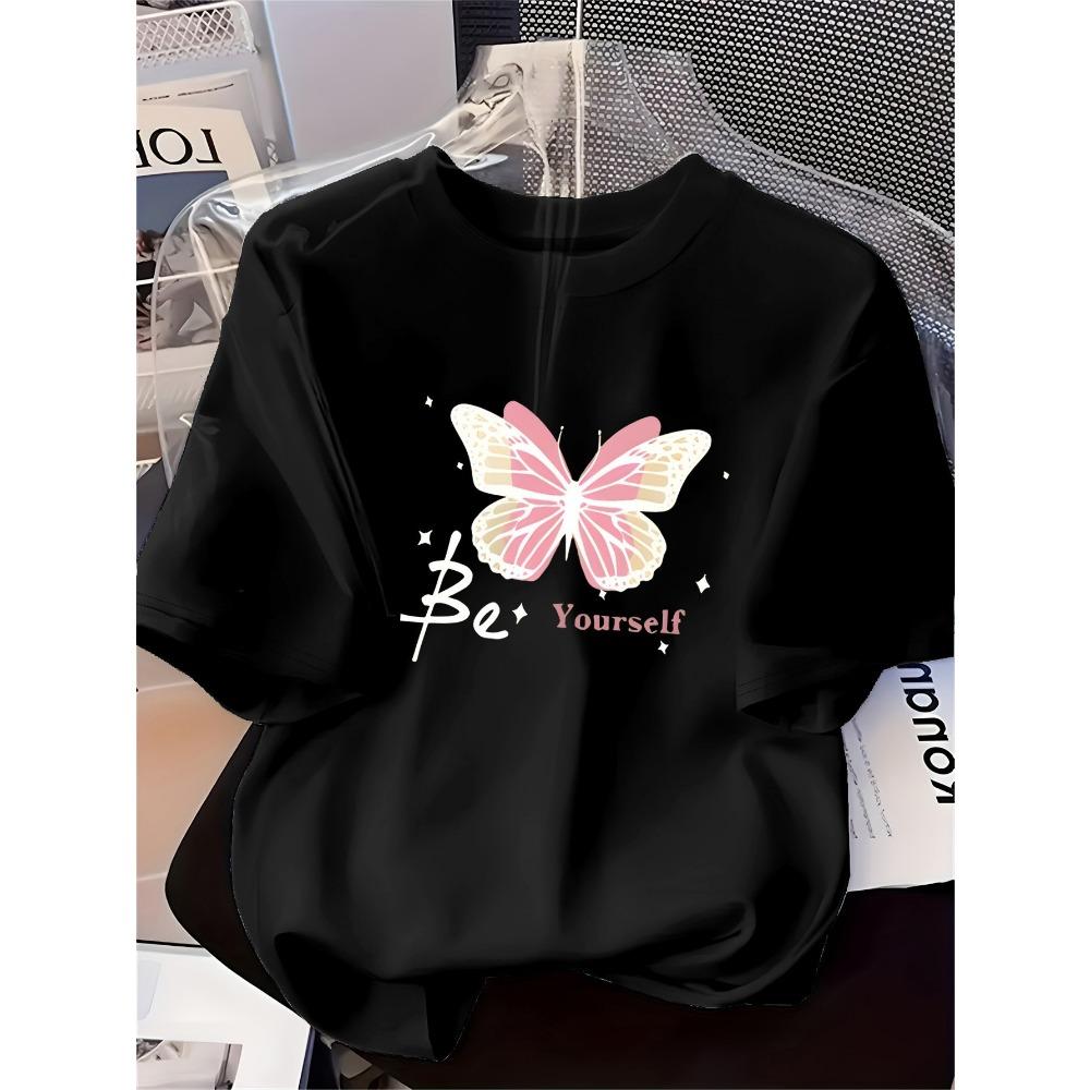 Women's Fashion Printed T-Shirt Pink Butterfly Pattern Soft Comfortable Printed Short Sleeve for Casual Fashionable