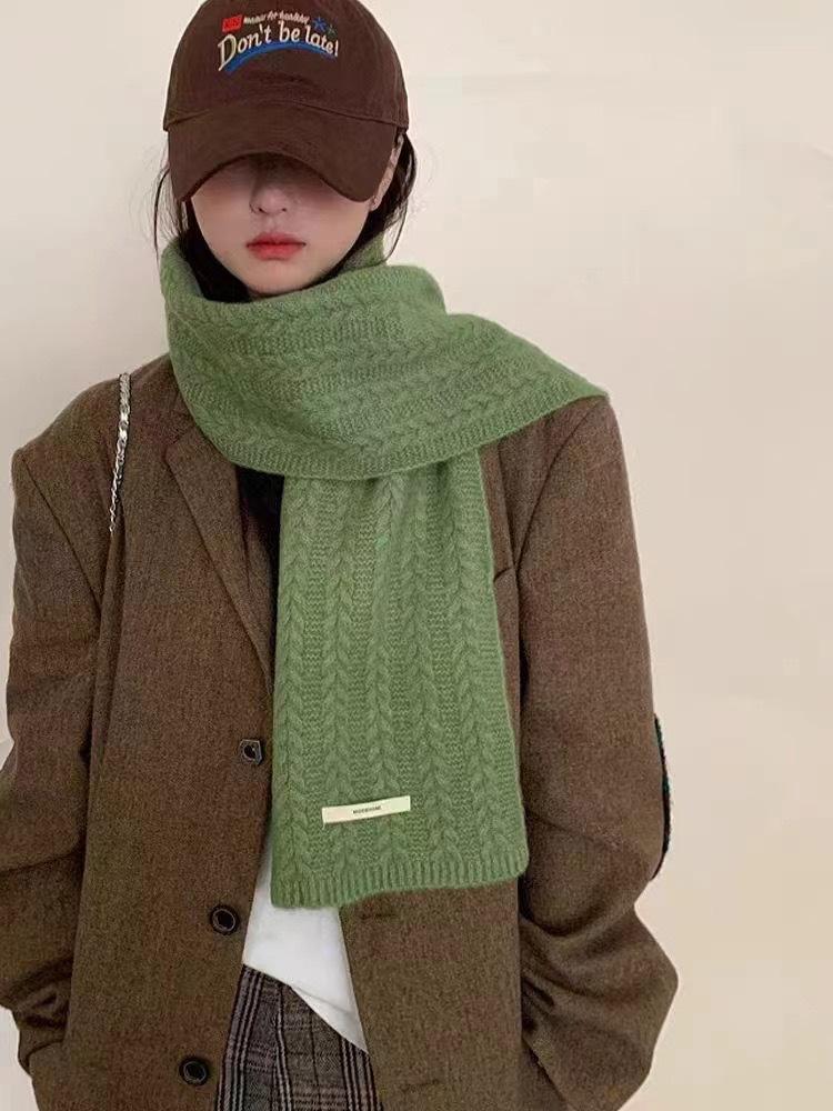 

Шерстяной вязаный шарф женский зимний в японском стиле, универсальный, теплый, студенческий шарф, приятный к коже и мягкий зелёный