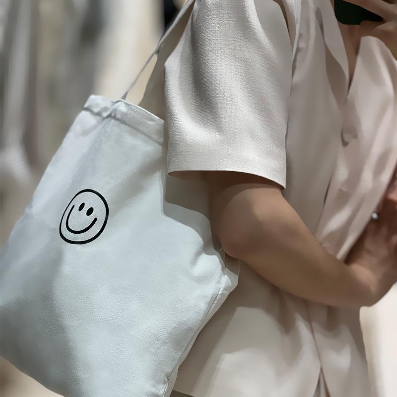 Korean Style Large Smile Face Canvas Bag - College Student Tote with Large Capacity for Books