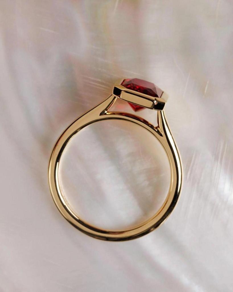 Emerald Cut Ruby Solitaire Ring – Yellow Gold Plated Minimalist Statement Ring for Women | Art Deco July Birthstone Jewellery