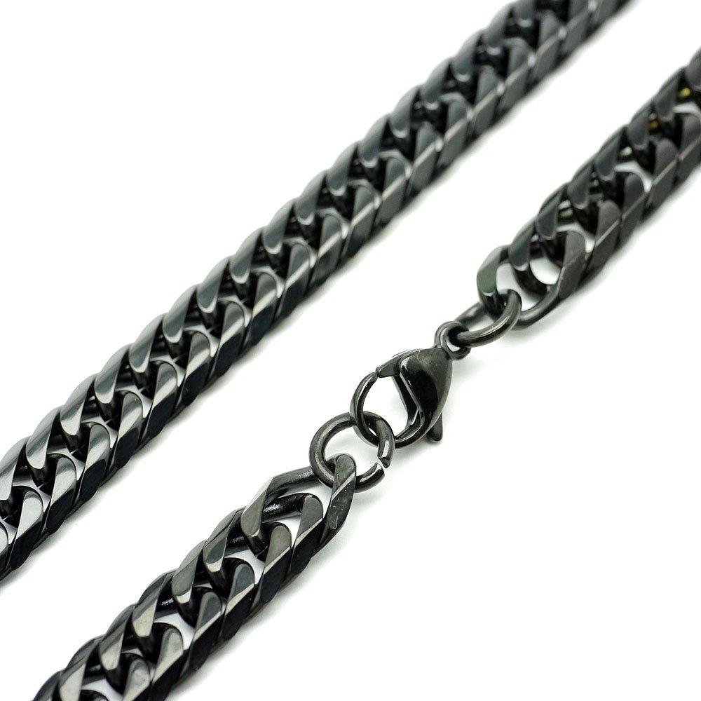 Ko Double Curb Chain Necklace Cut 10mm Standard Stainless Steel Black [Silver One] [Black 6-sided Width] Men's [60cm]