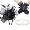 Lady Fascinators Headband Elegant Pearls Opera Necklace Earrings Lace Gloves Set 1920s Versatile Headwear