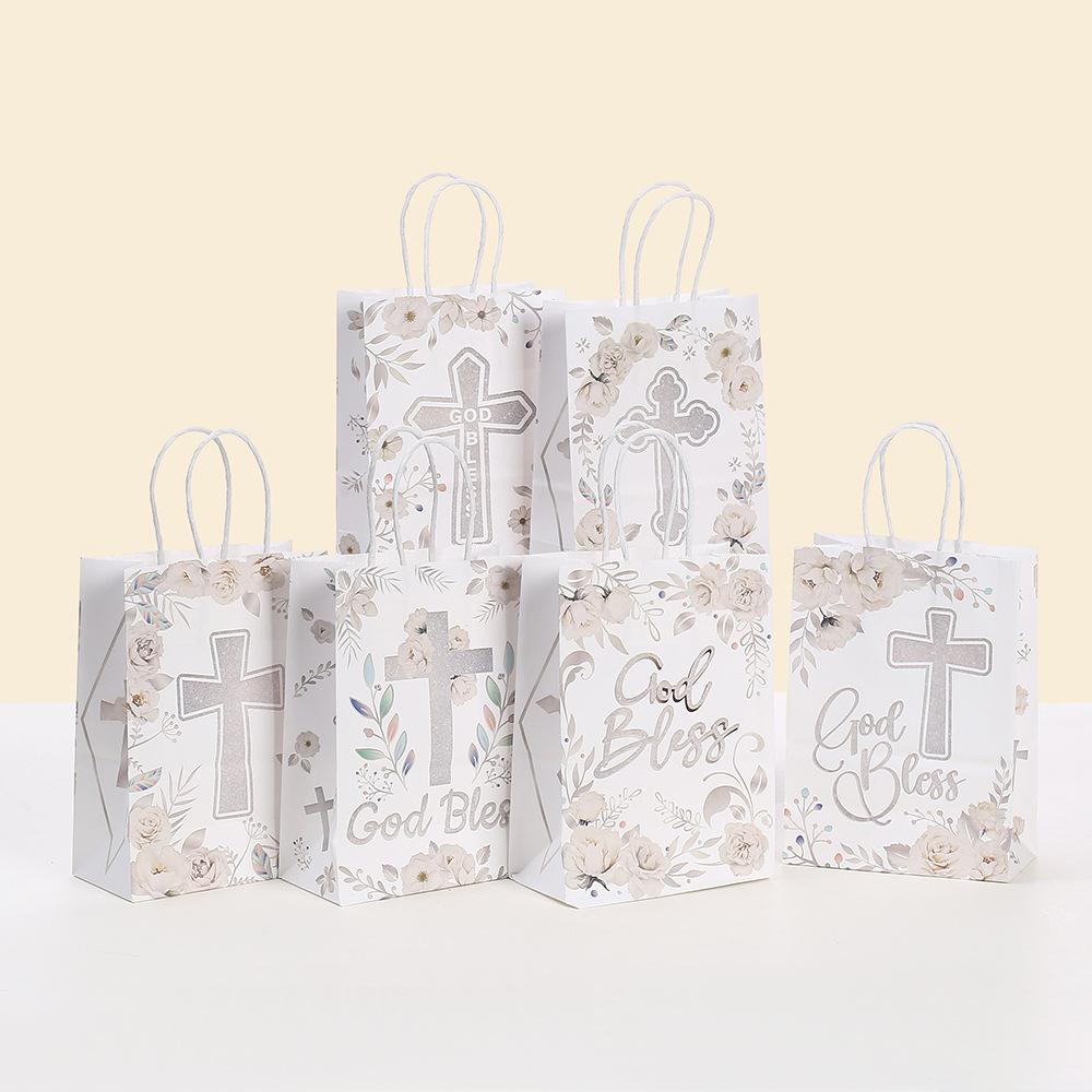StoBag, God Bless Floral Cross Gift Tote Bags, Perfect for Baptisms, First Communion Weddings Christian Party Supplies
