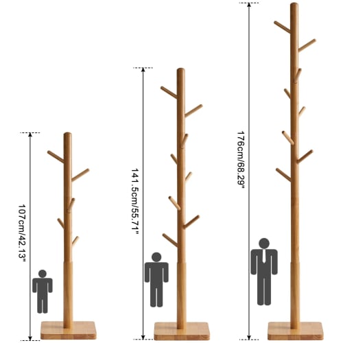 YMYNY Wooden Rubberwood Pole Hanger with Stable Square Base, Three Height Adjustments, 8 Hooks, Easy Assembly, Compact Design for Hats, Bags, and Clot