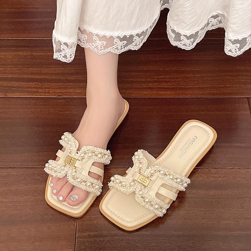 Neue Perlenstrand 2025 Drag Sommer flache Hausschuhe Damenbekleidung weiche Sohle vielseitige H-Sandalen