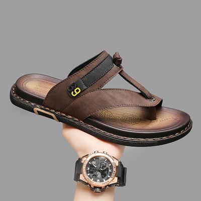 Men's Leather Slides Comfortable House Slippers Breathable Rubber Sole Indoor Outdoor Summer Sandals