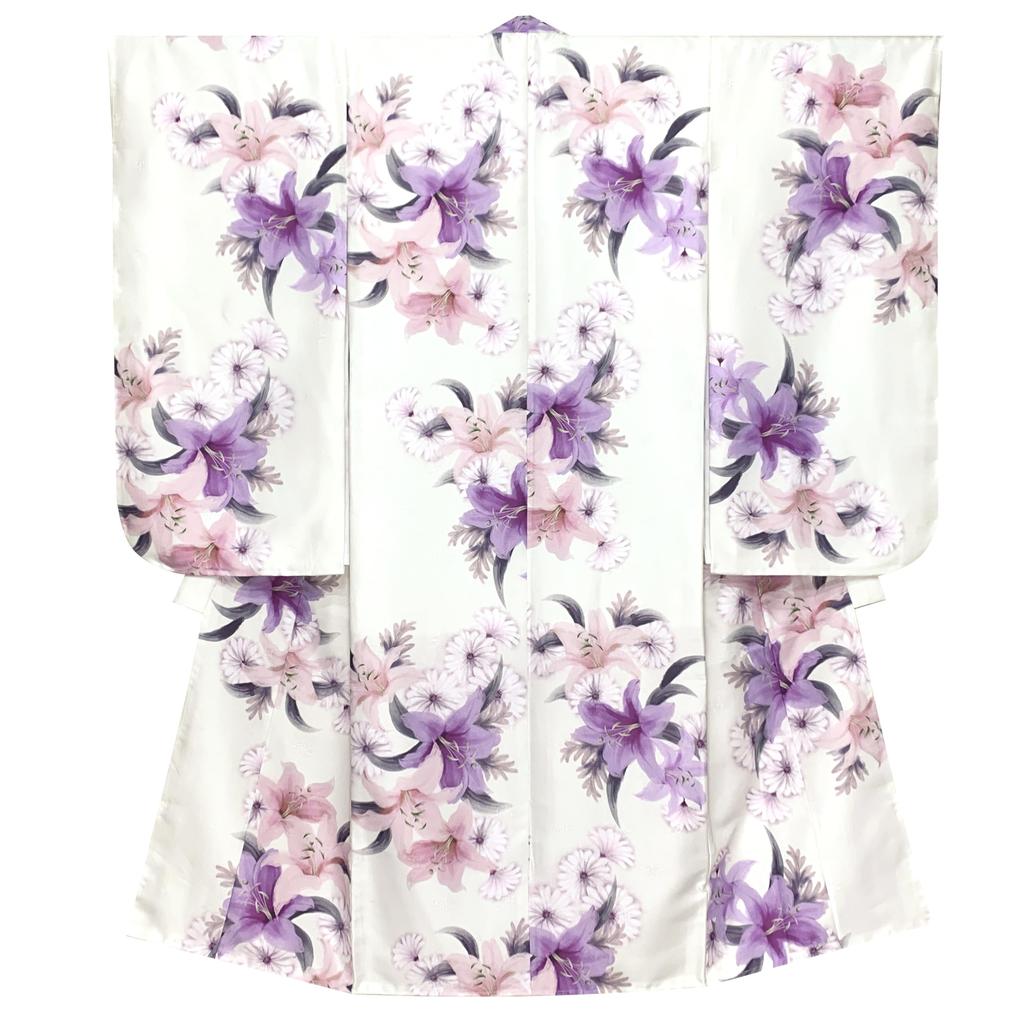 Muromachi 7 Years Old Kimono Full Set Girls Kimono Set 753 Synthetic Fiber Lily and OYM613d106MM [Kyoto st. ] Shichi-Go-San Four-piece Obi, Sandals,