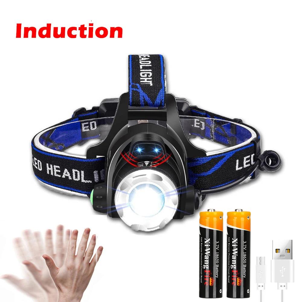 Super Brigh LED Induction Headlamp USB Rechargeable Headlight Aluminium Alloy Outdoor Waterproof Head Lamp High Lumen Head Torch