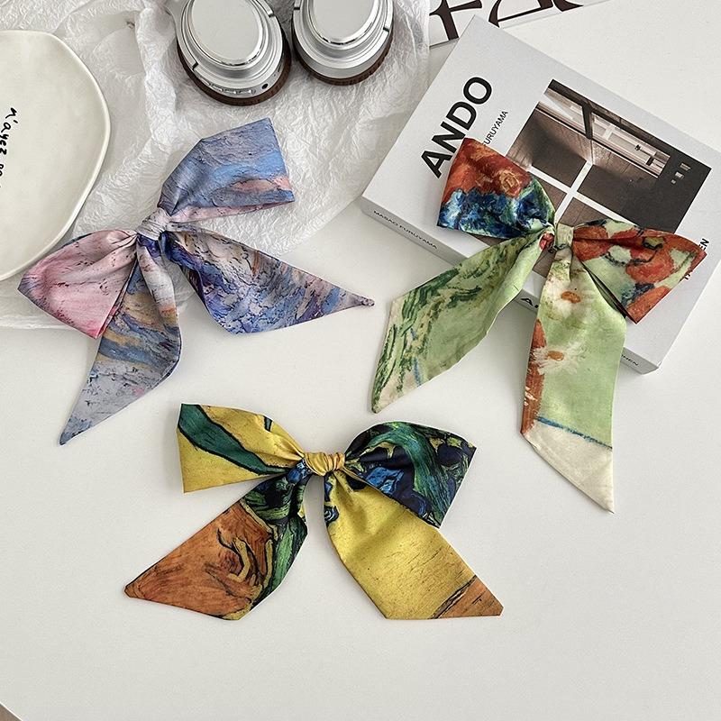 Blue silk scarf, long strip, new fashion, oil painting style, bow, headband, braided hair, tied bag, streamer, multi-purpose waist silk scarf.