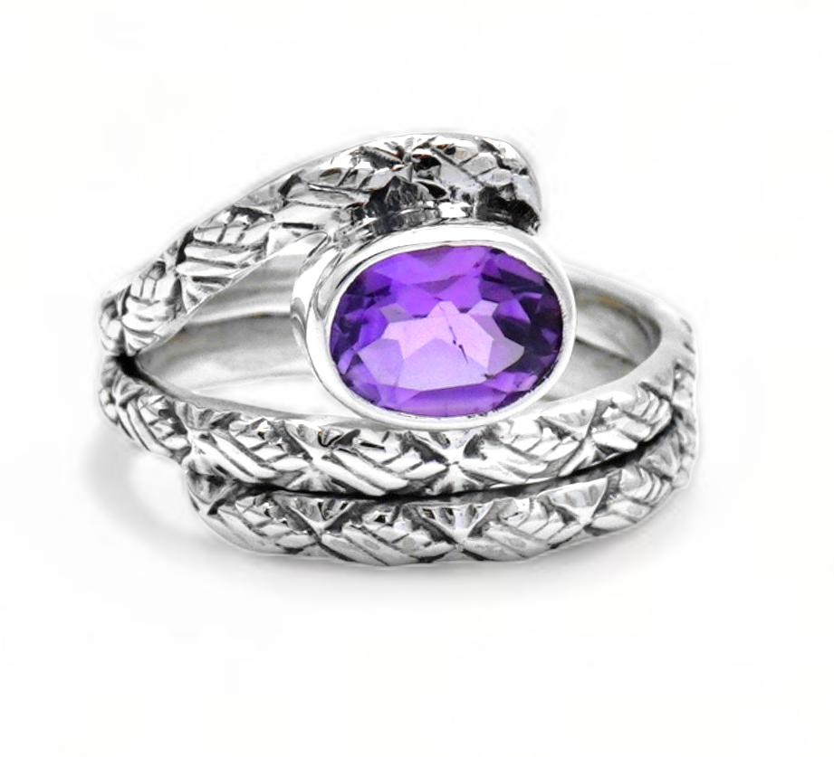

925 Sterling Silver Braided Band Ring with Amethyst – Snake Wrap Style Ring, Artisan Handmade Gift for Her, Birthday Present, Christmas Gift US 12.5