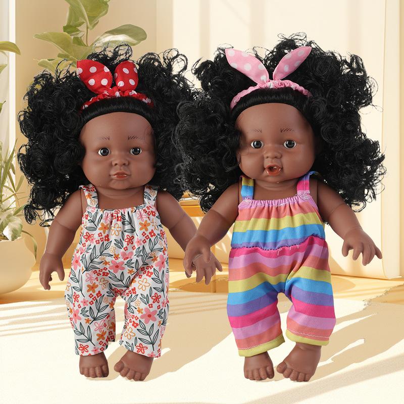 12 Inch African Black Doll Simulation Baby Vinyl Figure Cute Dark Skin Curly Hair Reborn Doll Movable Joints Kids Play House Toy