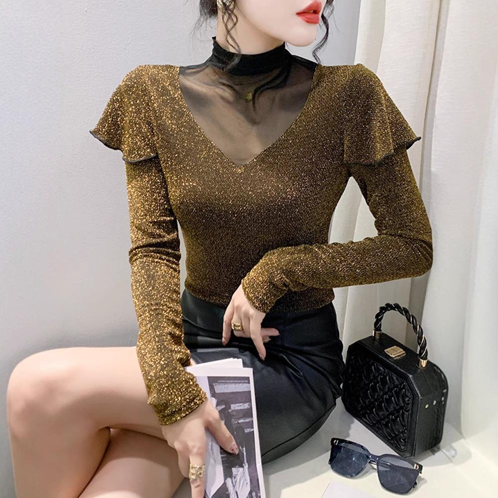 Cămașă lucioasă cu bază de mătase pentru femei pentru iarnă, top din plasă cu mâneci lungi, croială slim