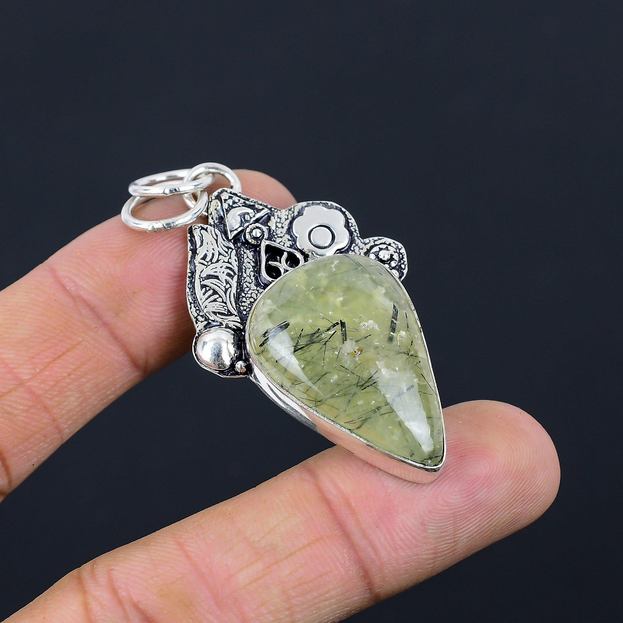 

Easter Deal 925 Silver Pear Natural Moss Moss Prehnite Handmade Pendant Jewelry