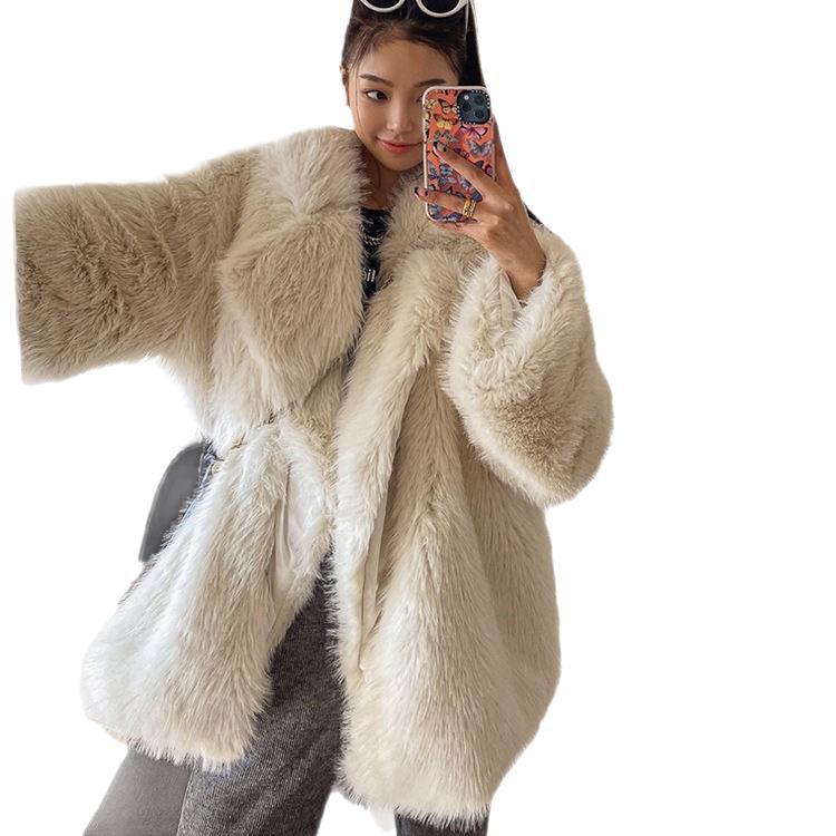 New winter imitation fox fur jacket, suit collar medium and long women's fashion loose suit collar coat