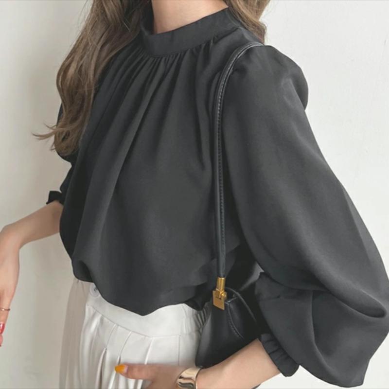 Spring New Vintage Loose Puff Sleeve Blouses Women Elegant Fashion Solid Casual Chiffon Shirt Women Simple Slim Pullover Blouse Woman Clothing 26567