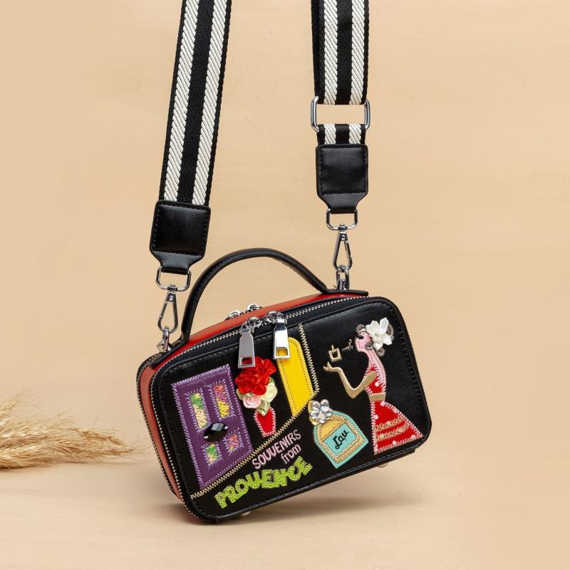 Bag Niche Design Women'S Bag Cartoon Embroidery Contrasting Color Handbag Women'S Creative Shoulder Messenger Bag Small Bag